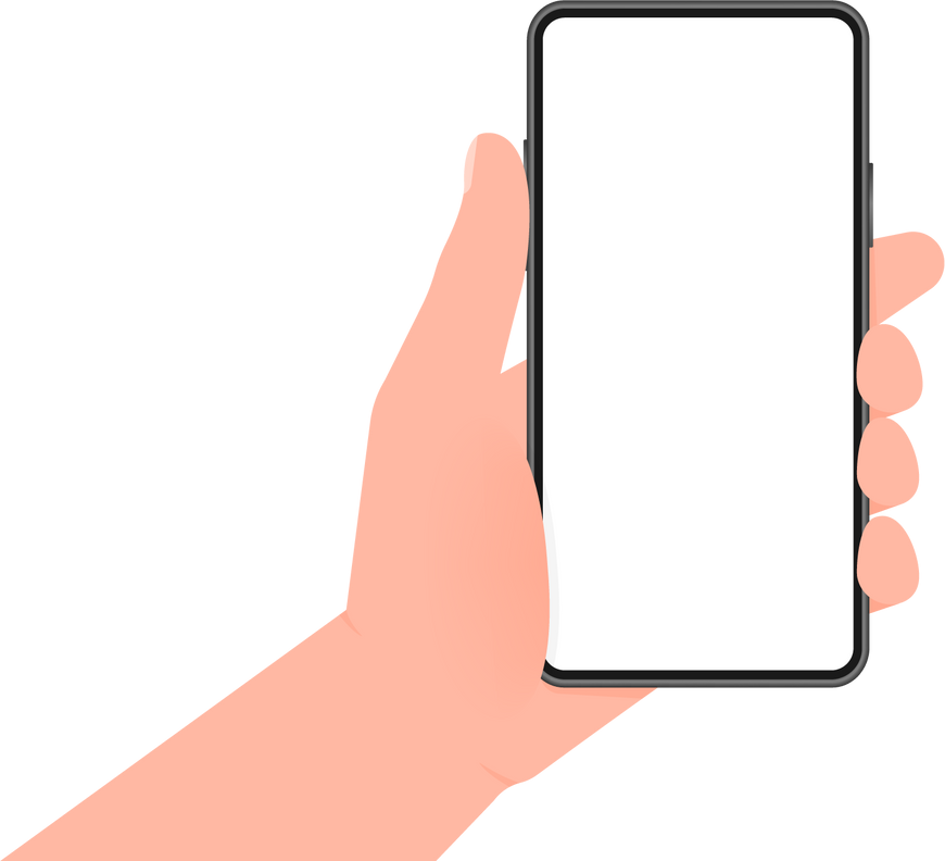 Hand holds phone with blue screen. Phone on white background